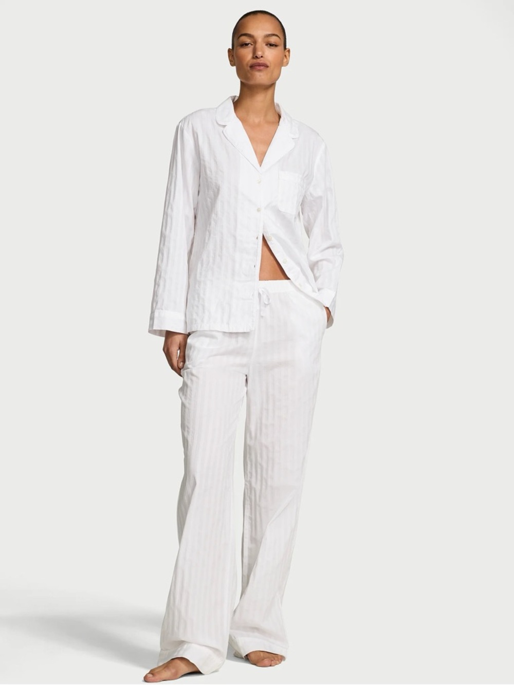 White Striped Pajama Set - Button-Up Top & Drawstring Pants
